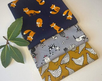 Zero waste hankies / handkerchief cats, foxes and chicken designs with integrated pocket / cotton hanky