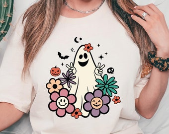 Retro Ghost Halloween T-shirt, Spooky Floral Tee