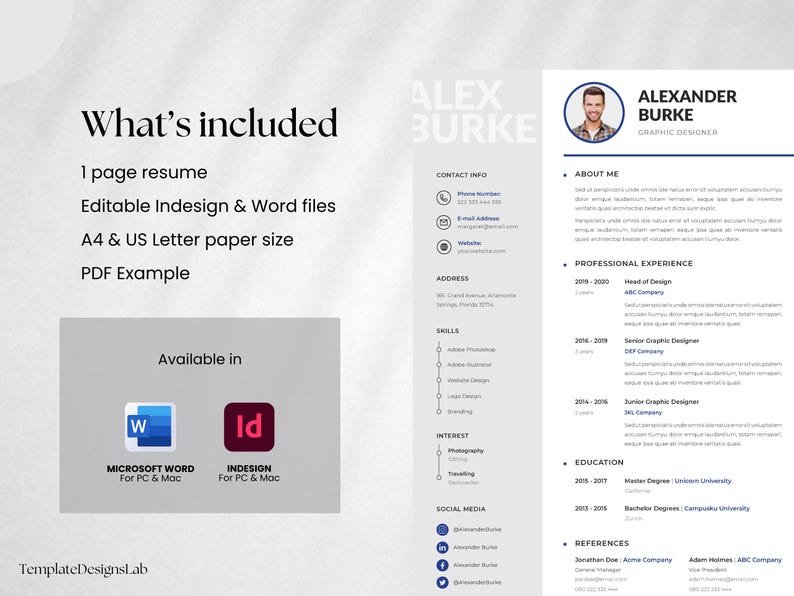 1 Page Resume Template for Indesign & Word - Editable Template ...
