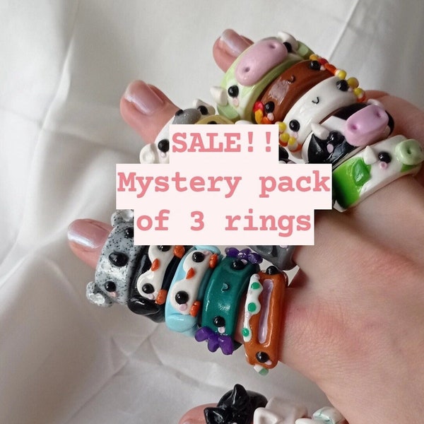 Mystery surprise pack of 3 handmade polymer clay rings - axolotl/cow/duck/panda/bear/penguin/cat/animals/Fimo/seasonal/Halloween/cute