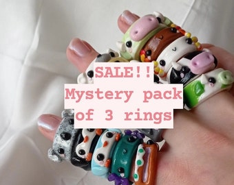 Mystery surprise pack of 3 handmade polymer clay rings - axolotl/cow/duck/panda/bear/penguin/cat/animals/Fimo/seasonal/Halloween/cute