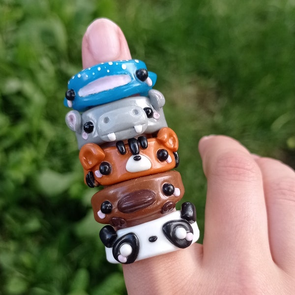 Handmade polymer clay animal rings - whale shark, tiger, platypus, panda, hippo