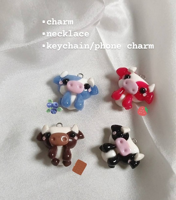 Handmade Polymer Clay Cow Charms  Red/blue/brown/black/green/purple/pink/yellow Cow Charm/necklace/phone Charm/keychain  