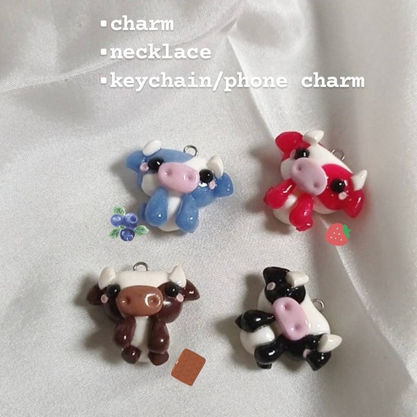 Handmade polymer clay cow charms - red/blue/brown/black/green/purple/pink/yellow cow charm/necklace/phone charm/keychain