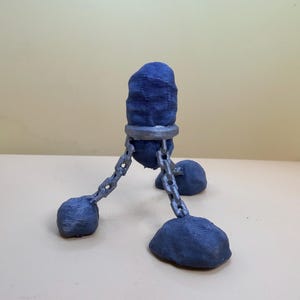 May include: A dark blue, textured, upright cylindrical object encircled by a silver ring. Three silver chains extend from the ring, each connecting to a separate dark blue, textured, rounded base piece, creating a tripod-like structure.