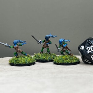 Puede incluir: Tres figuras en miniatura de piel azul con ropa verde y espadas se encuentran sobre bases verdes. Un dado negro de 20 caras está en el fondo.
