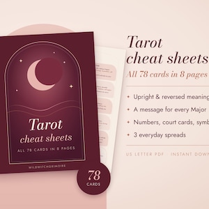 Peut inclure: Un ensemble de fiches aide-mémoire de Tarot dans une pochette bordeaux foncé avec un graphique de lune et le texte Tarot cheat sheets, all 78 cards in 8 pages. Le document inclut des significations droites et inversées, des messages pour chaque arcane majeur, des nombres, des cartes de cour, des symboles et 3 tirages quotidiens.