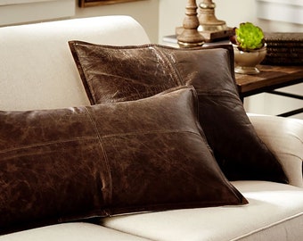 Home Decor 2 x Genuine 100% Distressed Grey Leather Sofa Cushion Covers 