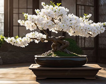 Może przedstawiać: Drzewko bonsai z białymi kwiatami w czarnym ceramicznym wazonie na drewnianym stole. Drzewko jest w tradycyjnym japońskim stylu z grubym pniem i starannie przyciętymi gałęziami.