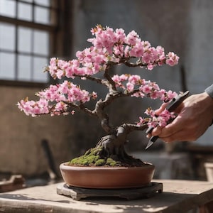 May include: A bonsai tree with pink blossoms in a brown pot. The tree is being pruned with a small gardening tool.