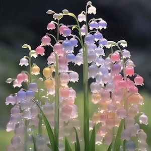 Può includere: Un gruppo di delicati fiori di vetro in tonalità di rosa, blu e giallo. I fiori sono disposti in un bouquet e hanno una qualità traslucida e iridescente.