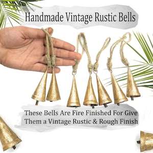 Bellsvilla 16cm Metal Christmas Harmony Vintage Rustic & Rough Tin Bells on Rope Wall Hanging Decor Big Bells Cone Shape