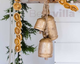 Bellsvilla Set of 3 Christmas Cow Bells Large Vintage Handmade Rustic Giant Harmony Cow Bells On Rope For Home & Garden Hanging Decor