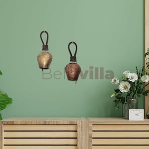 Bellsvilla Pack of 2 Metal Cow Bells Hanging, Rustic Finish, Antique Style, Garden Decor, Patio Decor, Door Hanging, Leather Hard Handle
