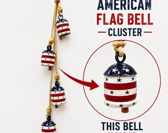 Handgemaakte Amerikaanse vlag belcluster, patriottische koebellen, rustieke muurhanger, handgeschilderde ijzeren bellen, boerderijdecor, vintage klokjescharme