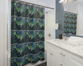 May include: A shower curtain with a stained glass design of fish swimming in blue water. The fish are green, blue, and yellow.