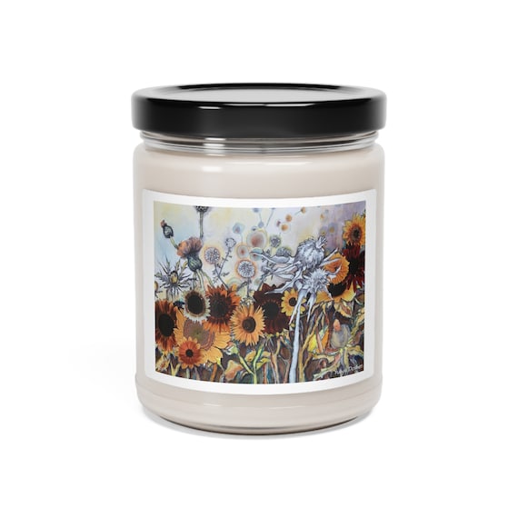 Scented Soy Candle, 9oz. Sunflower design.