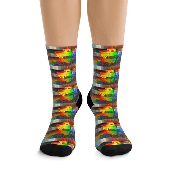 Rainbow Truck Socks | Recycled Poly Crew Socks, Colorful Vintage Pickup Design