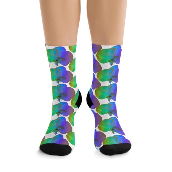 Blue Green Orchid Socks | Recycled Poly Floral Crew Socks