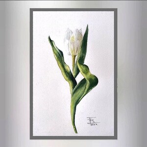 Peinture botanique,Tulipe blanche3,Cadeau de Noël,Aquarelle originale,Dimensions 19 cm x 28,5 cm,Papier 100 % coton,Décoration murale.