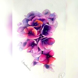 Ortensia. Arte botanica, Opera originale ad acquerello, Dimensioni 19 cm x 28 cm, Carta 100% cotone, Decorazione murale