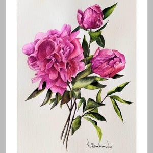 Original watercolor Botanical painting,Flower watercolor.Hand painted Wall art. Gift Pink Peonies, author&#39;s watercolor. gift.Size11x15in