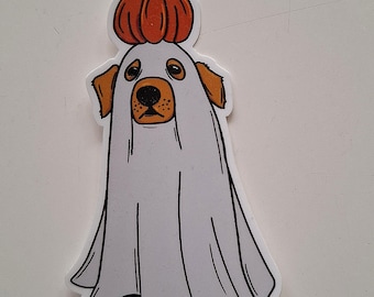 May include: A Halloween-themed sticker of a dog in a ghost costume. The dog has brown ears and paws, a black nose, and is covered by a white sheet. An orange pumpkin is on the dog's head.