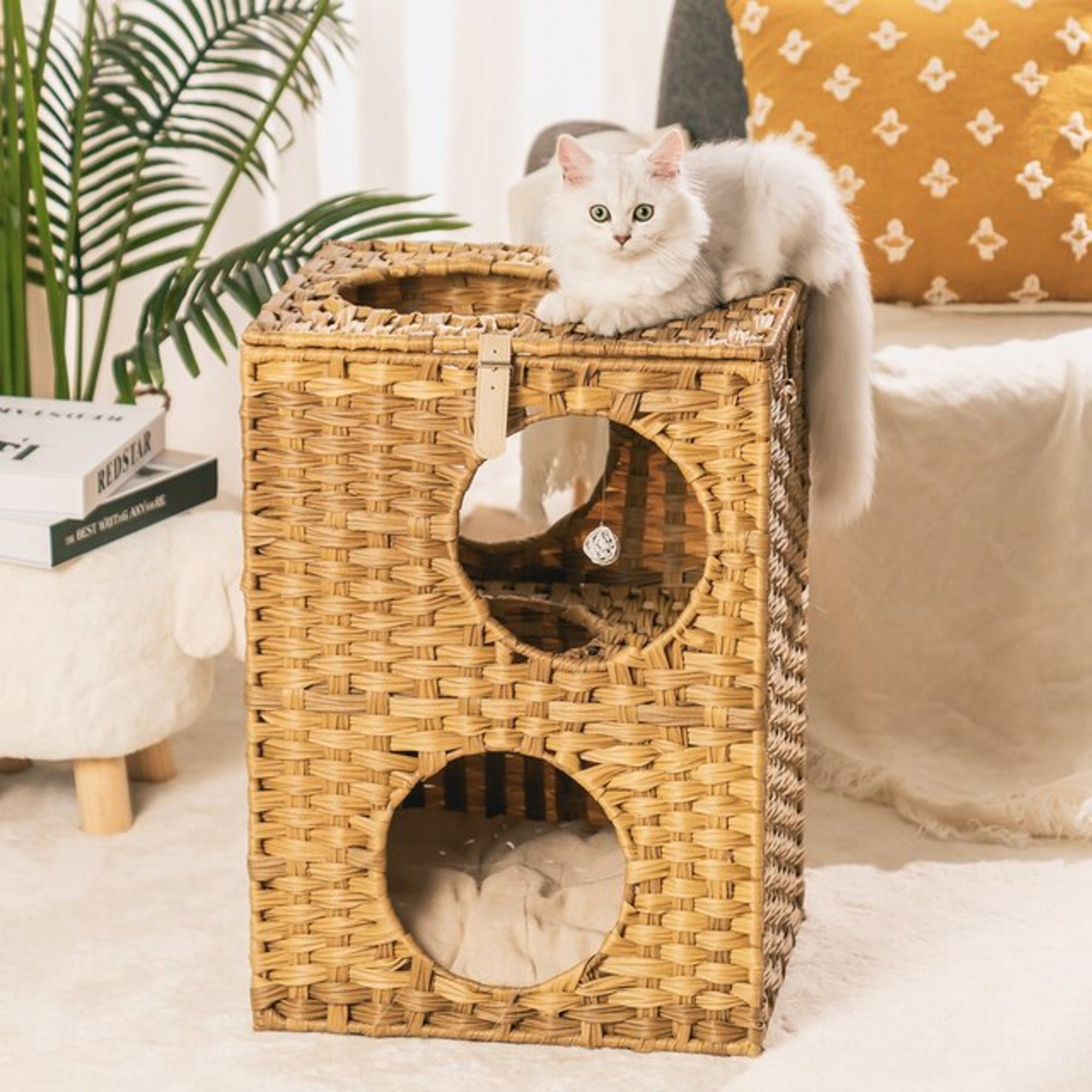 Pet Home Handmade Wicker Basket Cat Bed Cave Dog House Rattan Furniture Kennel Two Level Cushions and Mats Included 