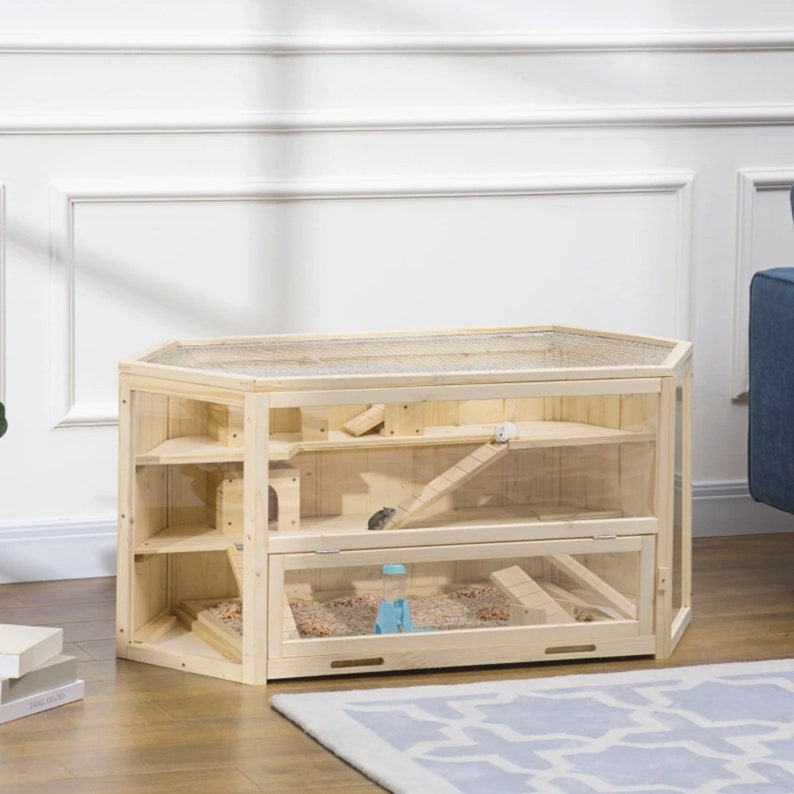 Dropship PawHut Wooden Hamster Cage With Storage Shelf, Large Hamster Cage Including Seesaw Small Animal Cage With Sliding Tray Wide Ramp For Racing Running Wheel 355 H