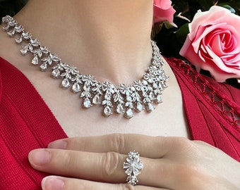 Floral Crystal Jewelry Set: Platinum Plated Brass Necklace, Earrings, Bracelet, Ring