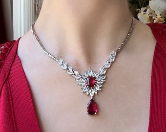 Red Crystal Jewelry Set: Handmade Platinum Plated Brass Necklace and Earrings