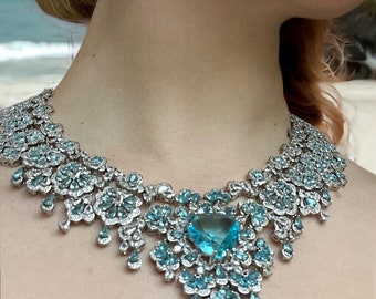 Celestial Blue Crystal Jewelry Set: Platinum Plated Brass Necklace and Earrings