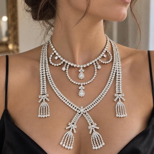 Marie Antoinette Necklace Replica – Rhodium Plated Crystal Queen Necklace – Versailles Rococo Jewelry