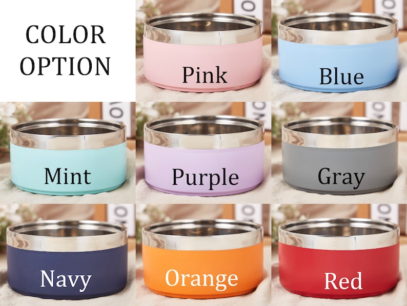 K&ouml;nnte beinhalten: Farboptionen f&uuml;r einen Satz Edelstahl-Haustiernapf. Die N&auml;pfe haben einen silbernen Rand und sind in Pink, Blau, Mint, Lila, Grau, Marine, Orange und Rot erh&auml;ltlich.