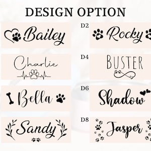 K&ouml;nnte beinhalten: Acht verschiedene Designoptionen f&uuml;r ein Haustier-Namensschild. Jedes Design zeigt einen anderen Namen, wie Bailey, Rocky, Charlie, Buster, Bella, Shadow, Sandy und Jasper. Die Designs beinhalten Pfotenabdr&uuml;cke, Herzen, Knochen und andere dekorative Elemente.