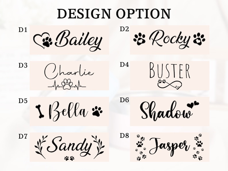 K&ouml;nnte beinhalten: Acht verschiedene Designoptionen f&uuml;r ein Haustier-Namensschild. Jedes Design zeigt einen anderen Namen, wie Bailey, Rocky, Charlie, Buster, Bella, Shadow, Sandy und Jasper. Die Designs beinhalten Pfotenabdr&uuml;cke, Herzen, Knochen und andere dekorative Elemente.