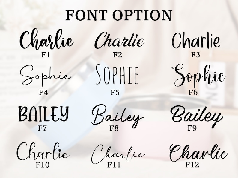 K&ouml;nnte beinhalten: Eine Grafik mit 12 verschiedenen Schriftarten f&uuml;r Namen. Die Namen "Charlie", "Sophie" und "Bailey" werden in jeder Schriftart angezeigt. Die Schriftarten sind mit F1 bis F12 gekennzeichnet.