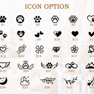 Puede incluir: Un gr&aacute;fico de 28 opciones de iconos diferentes para un amuleto conmemorativo de mascotas. Los iconos incluyen huellas de patas, corazones, un sol con un coraz&oacute;n, un caramelo, un hueso, un diamante, una flor, un p&aacute;jaro, un coraz&oacute;n con alas, una huella de pata con alas, un s&iacute;mbolo de infinito con un coraz&oacute;n, monta&ntilde;as, una luna creciente, una luna con una nube, una rama con hojas y una estrella fugaz.