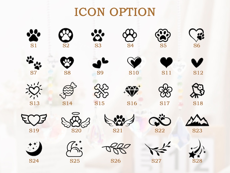 Puede incluir: Un gr&aacute;fico de 28 opciones de iconos diferentes para un amuleto conmemorativo de mascotas. Los iconos incluyen huellas de patas, corazones, un sol con un coraz&oacute;n, un caramelo, un hueso, un diamante, una flor, un p&aacute;jaro, un coraz&oacute;n con alas, una huella de pata con alas, un s&iacute;mbolo de infinito con un coraz&oacute;n, monta&ntilde;as, una luna creciente, una luna con una nube, una rama con hojas y una estrella fugaz.