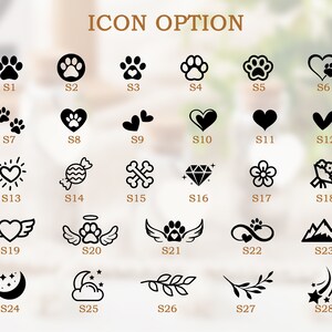 K&ouml;nnte beinhalten: Ein Diagramm mit 28 verschiedenen Symbol-Optionen f&uuml;r Tier-Gedenkprodukte. Die Symbole umfassen Pfotenabdr&uuml;cke, Herzen, Fl&uuml;gel, Sterne und mehr. Die Symbole sind mit den Nummern S1 bis S28 beschriftet.