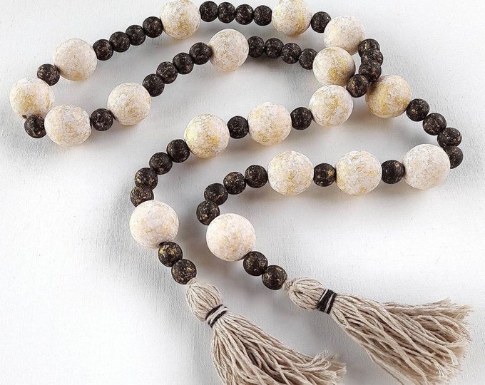 Large Wooden Bead Garland with Tassels – Modern Farmhouse Beads for Home Décor – Wood Beads Ideal for Bohemian Decor, Coffee Table, Shelf