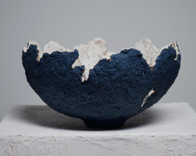 Wabi Sabi Textured Bowl Vase: Navy Blue Sculptural Centerpiece, Contemporary Art Object