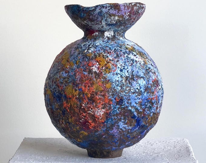 Contemporary Abstract Painted Vase – Textured Paper Clay Sculpture – Organic Modern Art Vessel Decor