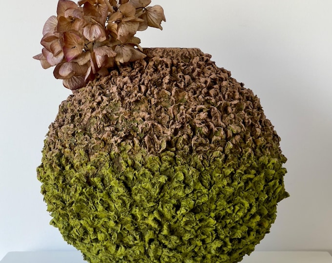 Rustic Green Textured Vase, Organic Sculptural Paper Mache Vessel, Handmade Wabi-Sabi Centerpiece, Eco-Friendly Home Decor Accent