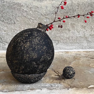 Handmade Paper Mache Black Vase: Rustic Farmhouse Coffee Table Centerpiece Decor with Wabi-Sabi Charm - Ideal Housewarming Gift