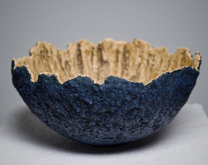 Wabi Sabi Textured Bowl Vase: Navy Blue & Ochre Sculptural Centerpiece, Contemporary Art Object