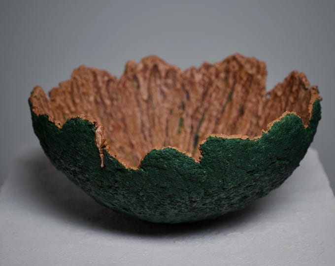 Wabi Sabi Textured Bowl Vase: Dark Green & Terracotta Sculptural Centerpiece, Contemporary Art Object