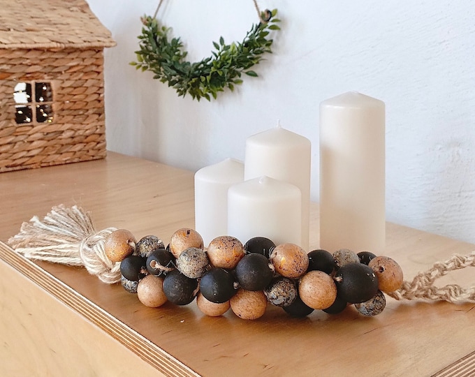 Handmade Wooden Bead Garland with Tassel - Farmhouse Decor, Boho Chic, Rustic Wood Beads - Wall Hanging, Door Knob Tassel - Home Accent