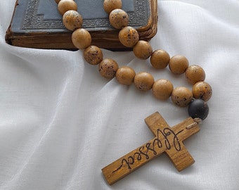 Unique Wooden Bead Garland with Cross - Handmade Prayer Beads for Home Decor - Rustic Table Centerpiece - Gift for Loved Ones