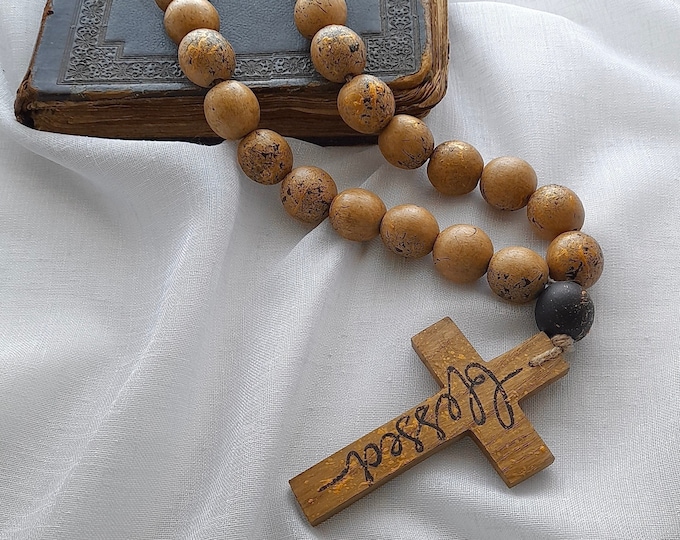 Unique Wooden Bead Garland with Cross - Handmade Prayer Beads for Home Decor - Rustic Table Centerpiece - Gift for Loved Ones